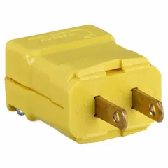 This straight blade plug features a NEMA 1-15P configuration rated 15 A at 125 V AC. The hinged body design simplifies wiring and cord installation. A yellow nylon housing provides impact resistance and high visibility in industrial environments.