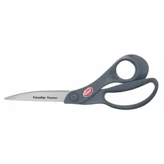 Right-hand offset plastic-handle scissors with 9-inch overall length. Straight titanium-bonded blades with pointed tips. Gray vinyl offset handles. Suitable for cutting textiles, upholstery, and light materials.