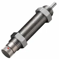 Steel industrial shock absorber with 9.8 N force rating. Used to decelerate and dampen impact forces in automated machinery, conveyors, and packaging equipment for controlled stopping without rebound
