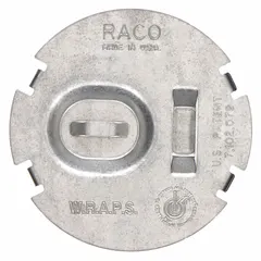 Steel wiring protector plate with open cover design for round electrical boxes. Overall diameter 2-3/4 in. Provides access to wiring while shielding connections from debris and accidental contact. Suitable for use in electrical installations where a round box cover is required.