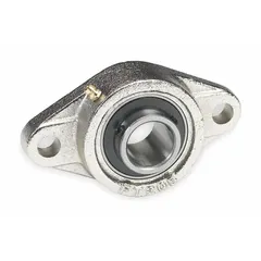 This flange-mount ball bearing features a 3/4 in cylindrical bore and a cast iron housing with set screws for secure shaft mounting. It is lubricated with NLGI #2 equivalent grease and uses a 3/8 in mounting bolt. The bearing is made of 52100 steel and is suitable for supporting rotating shafts in industrial machinery such as conveyors, fans, and material handling equipment.
