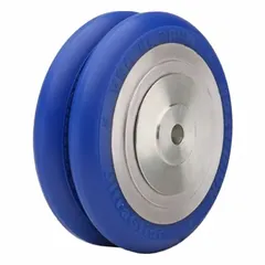 This wheel features a polyurethane tread on a steel core with a blue UltraGlide tread shape. It has a 6-inch diameter, 2-inch width, and a load rating of 1,200 lb. Suitable for heavy-duty material handling equipment such as carts, dollies, and industrial platforms, it provides low rolling resistance and floor protection.