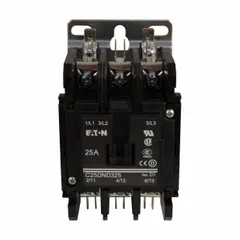 Three-pole, non-reversing definite purpose contactor rated 25 A with 208-240V AC coil and maximum voltage rating of 690V AC. Features quick-disconnect terminals and D frame size. Suitable for switching HVACR and industrial three-phase loads such as compressors, fans, and pumps.