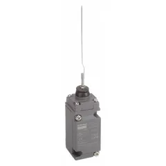 This limit switch uses a cat-whisker wobble-stick actuator for position sensing in industrial automation. It features screw terminals for electrical connection and two mounting holes for installation. Typical applications include conveyor systems, packaging equipment, and automated assembly lines where flexible actuation is required.