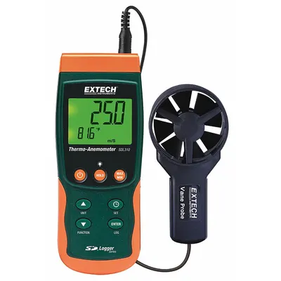 EXTECH Anemometer: 1 fpm Air Velocity Resolution, Rotating Vane, Air Velocity/Temp - Rotating Vane Air Velocity Meters
