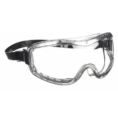 Clear lens with anti-fog, anti-static, and scratch-resistant coating. Dielectric construction. Silicone band material. Suitable for eye protection in industrial environments such as machining, material handling, and maintenance tasks.