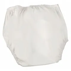 This pull-on incontinence pant is made of white plasticized nylon and is machine washable for reuse. Designed for heavy absorption needs, it provides a reusable solution for incontinence management in healthcare or home settings.