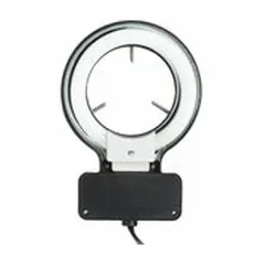 This fluorescent ring light provides shadow-free, even illumination for microscopes. It mounts via thumbscrew and is suitable for laboratory, inspection, and research applications requiring consistent lighting for specimen observation.