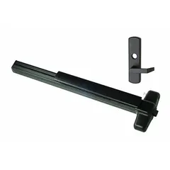 This rim-type exit device features a touchbar push pad and a lever outside trim. It is ADA compliant and designed for doors up to 3 ft wide. The bronze finish suits commercial and industrial egress applications where reliable push-bar operation is required.