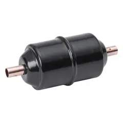 Steel shell filter drier for liquid line installation in CFC refrigerant systems. Designed for 9 ton capacity with a desiccant core to remove moisture and contaminants. Measures 5.7 inches in length with a 1/2 inch female sweat connection. Suitable for use in commercial refrigeration and HVAC systems.