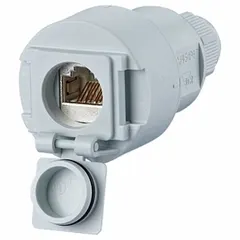 This Cat6A RJ45 connector assembly with punch-down connections is designed for data, HDBaseT, and power applications. It features an 8-pole female straight configuration with insulation displacement (IDC) termination for cable mounting. The zinc die-cast housing is light gray and rated IP67 for protection against dust and water ingress.