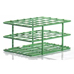 This steel test tube rack provides 24 places for benchtop organization of standard test tubes. The green finish aids quick identification in laboratory or industrial settings. Dimensions: 5 in length, 3 5/8 in width, 2 1/2 in height.