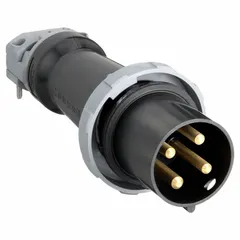 This watertight pin and sleeve plug is rated 600V AC, 100 A, three-phase, with 3 poles and 4 wires, featuring IEC grounding. It is designed for heavy-duty industrial power distribution in environments requiring a secure, weather-resistant connection.