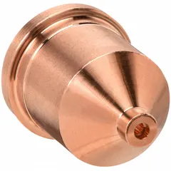 This shielded nozzle is a replacement consumable for handheld plasma torches in the RT80/80M, T80/80M/100/100M/100M-2 series. Rated at 100 A, it focuses the plasma arc and protects internal torch components during cutting operations.