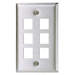 This 1-gang, 6-port keystone wall plate is constructed from stainless steel with a gray finish. It features a flat module style with vertical outlet orientation and is compatible with standard keystone jack modules. Suitable for use in structured cabling installations where a durable, low-profile wall plate is required.