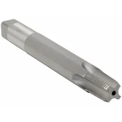 This interrupted-thread extension pipe tap is made of high-speed steel with a plug chamfer and 5 flutes. It is designed for threading or repairing internal NPT/NPTF threads in hard-to-reach pipe openings, commonly used in plumbing, hydraulic, and pneumatic system maintenance.