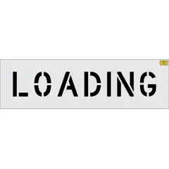 This light-duty message stencil is used for marking parking lot surfaces with the word 'Loading' to designate loading zones. Made from 0.062 in thick Low Density Polyethylene (LDPE), it measures 6 in high by 35 in wide with a 6 in message height. Suitable for repeated use in traffic and parking control applications.