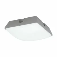 This LED low-profile fixture delivers 4600 lumens at 4000K with a 40W wattage, operating on 120 to 277V AC. It features a Type V distribution pattern for wide, uniform light coverage and a gray housing. Suitable for parking garages, canopies, and other covered commercial or industrial areas
