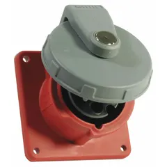 This watertight receptacle is rated for 480V AC, single phase, 100 A, with 2 poles and 3 wires, featuring IEC grounding. It is designed for use in industrial environments requiring a weather-resistant power connection, such as manufacturing plants, construction sites, and outdoor installations.