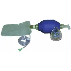 Reusable bag valve mask constructed of plastic. Includes resuscitation bag. AHA compliant. Used for manual positive-pressure ventilation in emergency and clinical settings.