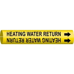 Yellow pipe marker with black legend text reading 'Heating Water Return'. Fits pipe outer diameter from 3/4 to 1-3/8 inches. Includes directional arrows. Used to identify heating water return lines in piping systems.