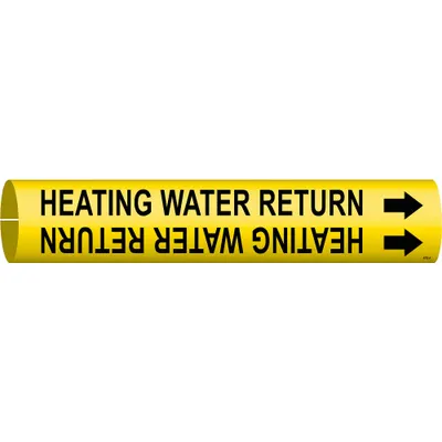 BRADY Pipe Marker: Heating Water Return, Yellow, Black, Fits 3/4 to 1 3/8 in Pipe O.D. - Heating Water Return Snap-On Pipe Markers