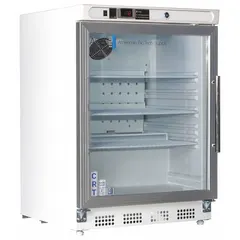 This cabinet maintains a stable 20°C to 25°C environment for temperature-sensitive materials. It operates on 115 V and includes three shelves. The left-hinge door provides access to the interior. Overall dimensions are 23 3/4 in width and 25 1/2 in depth. Suitable for laboratory or pharmaceutical storage requiring controlled room temperature.