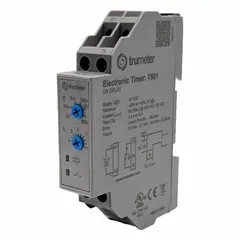 The TRUMETER TS01 is a DIN rail-mounted time delay relay with an adjustable timing range from 0.3 seconds to 30 hours. It operates on 12V DC and is designed for panel installation in industrial control systems. Typical applications include sequencing or delaying operations in automation, HVAC, and pump control panels.