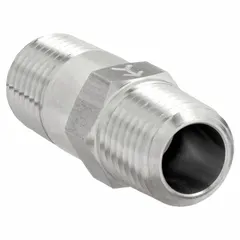 This stainless steel inline piston check valve features a 1/4 in pipe size with male NPT connections on both ends. The spring-loaded piston design provides positive sealing to prevent backflow in piping systems. Suitable for use in water, oil, and gas lines where one-way flow control is required.