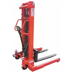 This straddle stacker has a 2000 lb capacity and features adjustable forks 36 in long by 4 in wide. The overall dimensions are 56 in L x 54 in W x 78 1/2 in H, with width across forks adjustable from 8 in to 33-7/8 in. Suitable for lifting and moving palletized loads in warehouses and distribution centers.