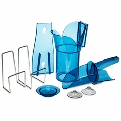 This ice scoop with holder is made of blue polycarbonate and measures 4 3/4 inches in width. It is dishwasher safe and NSF certified. Suitable for use in commercial kitchens, bars, and foodservice operations for hygienic ice handling and storage.