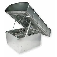 Belt-drive axial downblast roof supply fan with hinged hood. Includes drive pack. Delivers 25,059 cfm. Powered by a standard-efficiency, single-speed, totally enclosed motor. Designed for roof-mounted clean air supply in industrial and commercial ventilation systems.
