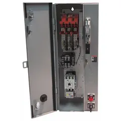 This NEMA-rated combination starter integrates a fusible disconnect switch and electronic overload relay for motor control and protection. It features a Hand/Off/Auto selector switch, a control transformer (240/480V AC primary, 120V AC secondary), a pilot light, and auxiliary contacts. Designed for three-phase motors, it accepts Class R fuses and uses screw terminals for wiring.