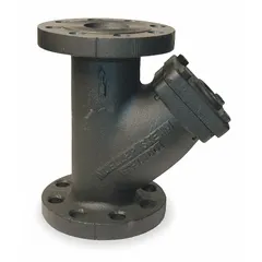 This cast iron Y strainer with flanged connections is used in piping systems to remove solid particles from liquids or gases. It features a perforated 304 stainless steel screen with 0.062-inch openings and a non-asbestos seal material. The strainer protects downstream equipment such as pumps and valves from debris.