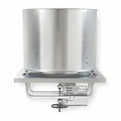 Belt-drive axial upblast fan for roof exhaust applications requiring clean air movement. Delivers 21,814 cfm with a 42-inch blade, powered by a 1 1/2 hp open drip-proof motor. Single-speed unit operates on 115/208-230V AC. Suitable for removing heat, fumes, or stale air from industrial or commercial spaces.