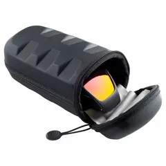 This zippered case stores and protects safety glasses. It features a black foam interior, an included belt clip for secure carrying, and comes with a microfiber cloth for cleaning.
