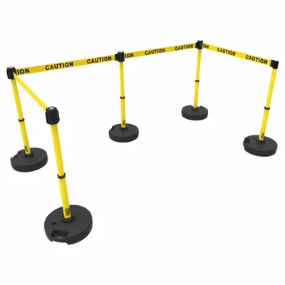 BANNER STAKES Belt Barrier System: 42 in Post Ht, 15 ft Belt Lg, Yellow, 5 No. of Posts - Retractable Belt Barrier Systems