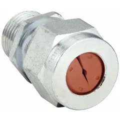 Straight metallic cable grip with 1/2 in MNPT box connection, accepting cord diameters from 0.13 in to 0.19 in. Steel body with silver finish, orange color-coded grommet, IP66 rating, and Class II, Division 1 & 2 hazardous location rating. Overall length 1 3/4 in. Used for securing and sealing electrical cables entering junction boxes in industrial environments.