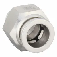 This stainless steel adapter fitting features a push-to-connect connection on one end and a male NPT thread on the other. It is used to connect tubing in pneumatic and fluid systems, providing a secure, tool-free installation. The 1/4" thread size allows integration with standard ported components