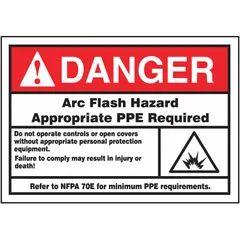 Vinyl adhesive sign warning of arc flash hazards and referencing NFPA 70E for minimum PPE requirements. Nominal size 3 1/2 in x 5 in, 0.006 in thick. Not retroreflective and does not glow in the dark. Applied to electrical panels and equipment to indicate required personal protective equipment before operation or maintenance.