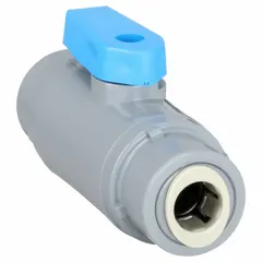 Manual two-way ball valve with straight pattern, full port ball port, and push x push connections. Made of PVC for corrosion resistance in water, air, and compatible fluid applications. Provides straightforward on/off flow control.