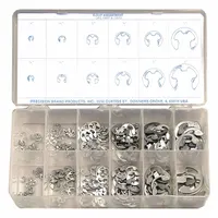 Inch-series external retaining ring assortment containing 265 pieces across 12 sizes. Rings are made of steel with a plain finish. Used for securing components on shafts in industrial machinery and mechanical assemblies