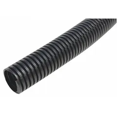 This split loom tubing is used to bundle and protect wires and cables in industrial machinery, automotive, and outdoor installations. Made of nylon, it is chemical resistant and suitable for outdoor use. Inside diameter ranges from 0.71 in to 0.76 in, outside diameter from 0.95 in to 0.99 in, with wall thickness from 0.01 in to 0.12 in. Overall length is 550 ft.