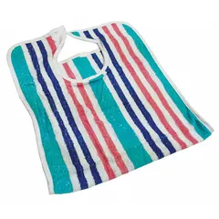 Cotton terry bib with overall length of 18 inches and width of 34 inches. Suitable for use in hospitality and food service settings as a protective barrier or for wiping and cleaning tasks.