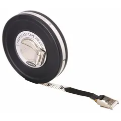 Manual closed-reel long tape measure with a 50 ft / 15 m fiberglass blade. Features double-sided metric/SAE graduations at 2 mm increments and a stainless steel nonmagnetic double hook at the hook end. Suitable for measuring distances in construction, surveying, and industrial layout applications.