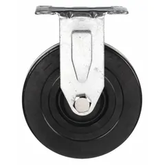 This rigid caster features a steel frame with a rubber/steel wheel in black. It is designed for replacement use on platform trucks and other material handling equipment. Overall length is 5 inches, overall width is 1-1/4 inches.