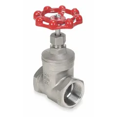 This non-rising stem gate valve features a solid wedge and wheel handle, with FNPT x FNPT connections. The wedge and bonnet are constructed from 316 stainless steel. It is used for on/off isolation in general-purpose industrial piping systems.