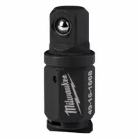 This MILWAUKEE impact socket adapter features a black oxide finish and square drive configuration with 3/8" input and output sizes. It is designed for use with impact wrenches to connect standard 3/8" square-drive sockets, suitable for fastening tasks in automotive, construction, and industrial assembly