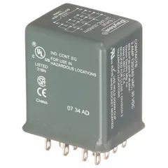 Socket-mounted relay with hermetically sealed construction, 4PDT contact configuration, and 24V AC coil. Rated 3 A, features a square base and plug-in mounting for G Series sockets. Used in industrial control panels and automation systems for switching multiple circuits.