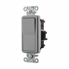 Single-pole maintained rocker wall switch for controlling lighting or other loads from one location. Rated 15 A at 120/277V AC. Non-illuminated, gray finish. Suitable for branch circuits in commercial and industrial facilities.